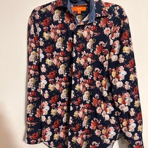 TALLIA Navy Floral Button-Down Shirt with Red, White & Yellow Blooms